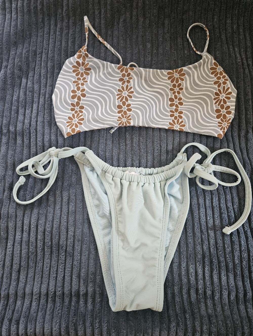 Xhilaration Light Blue Bikini Bottoms & Grey And Brown Floral Accents Top